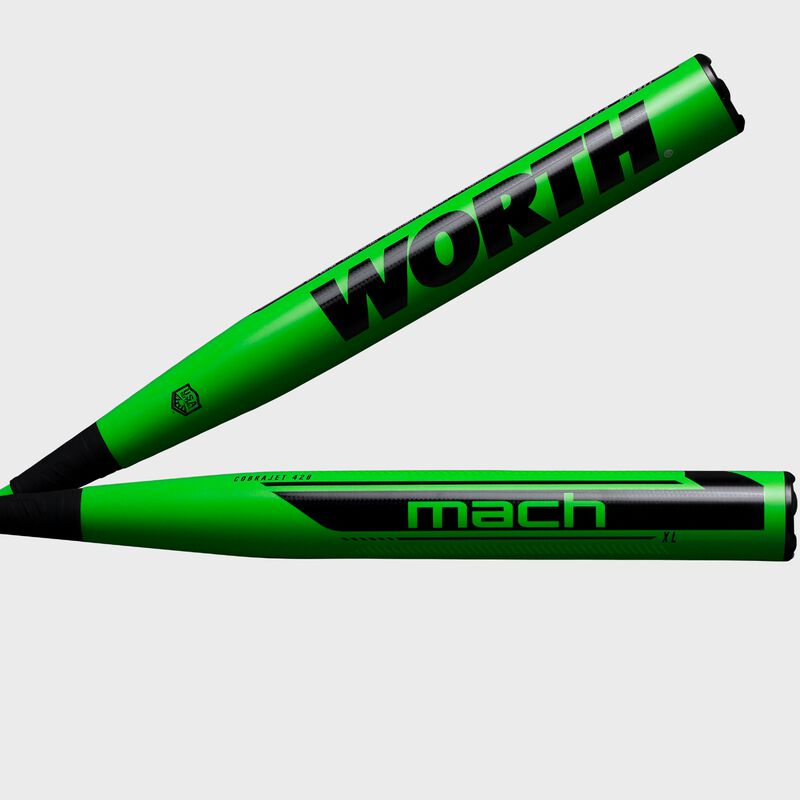 Two views of a green 2021 Mach 1 Cobra Jet 428 USA XL bat with a black Mach logo on one and Worth logo on the other - SKU: WM21MA loading=